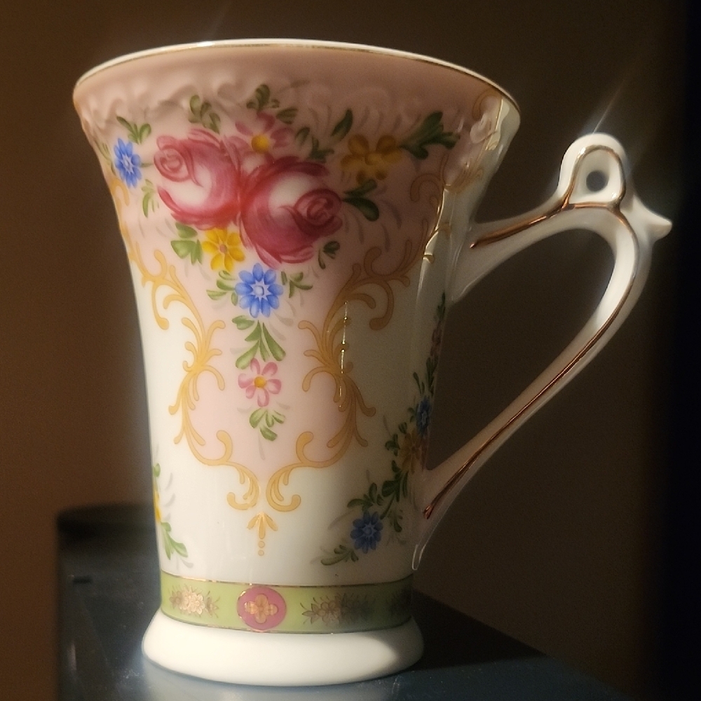 Rare Floral Porcelain Tea Cup  with Pink and Gold Accents